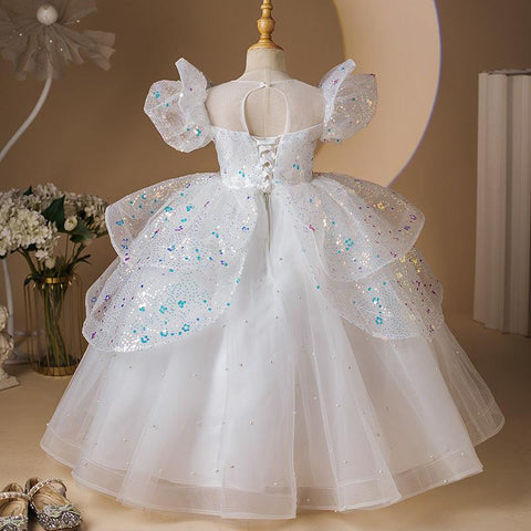 Ball Gown Short Sleeves Beaded Princess Girl Party Dress with Rhinestone Appliques