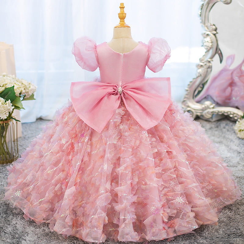 Ball Gown Short Sleeves Princess Girl Party Dresses with Rhinestone Flowers & Bow