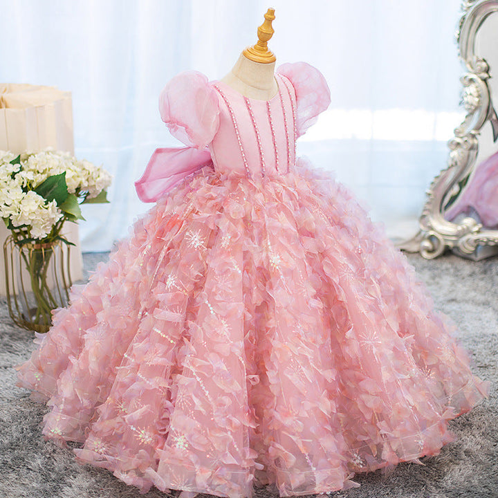 Ball Gown Short Sleeves Princess Girl Party Dresses with Rhinestone Flowers & Bow