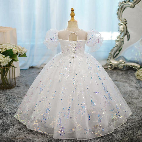 Beading Round Neck Ball Gown Short Sleeves Girl Party Dress with Crystal Appliques