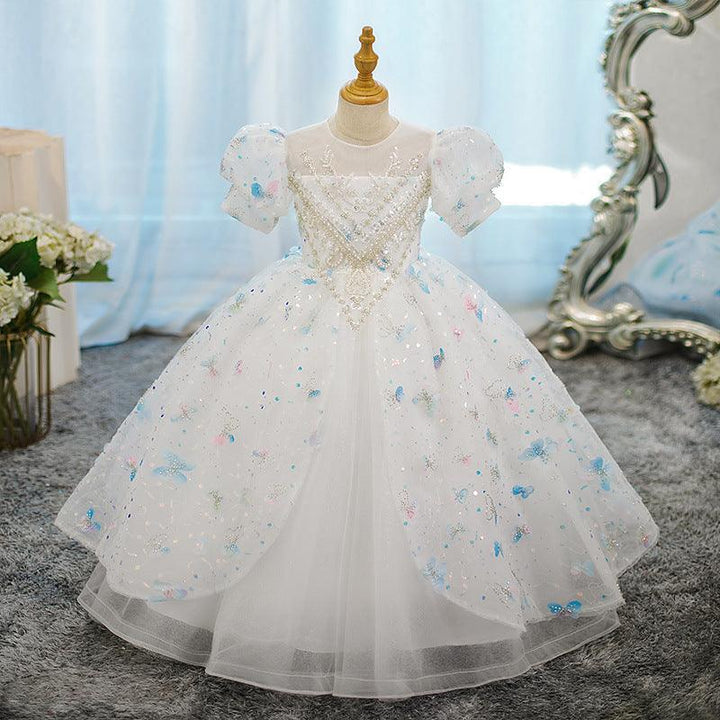 A-Line/Princess Short Sleeves Flower Girl Party Dress with Rhinestone Appliques