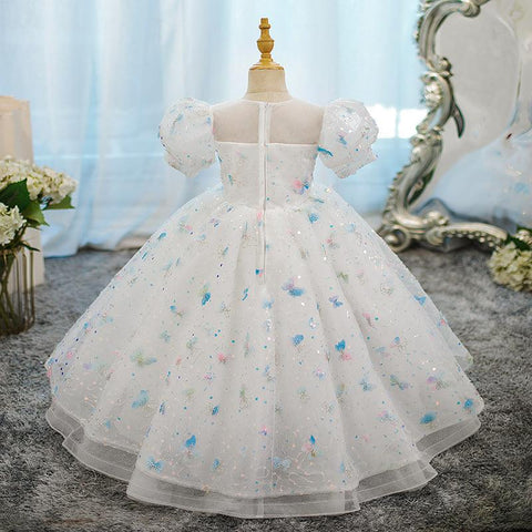 A-Line/Princess Short Sleeves Flower Girl Party Dress with Rhinestone Appliques