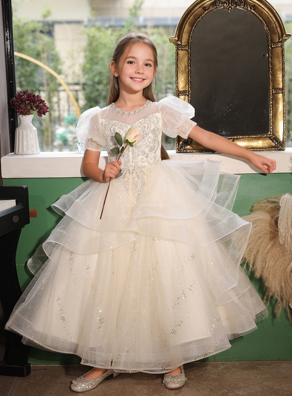 Short Sleeves A-Line/Princess Flower Girl Party Dress with Rhinestone Appliques