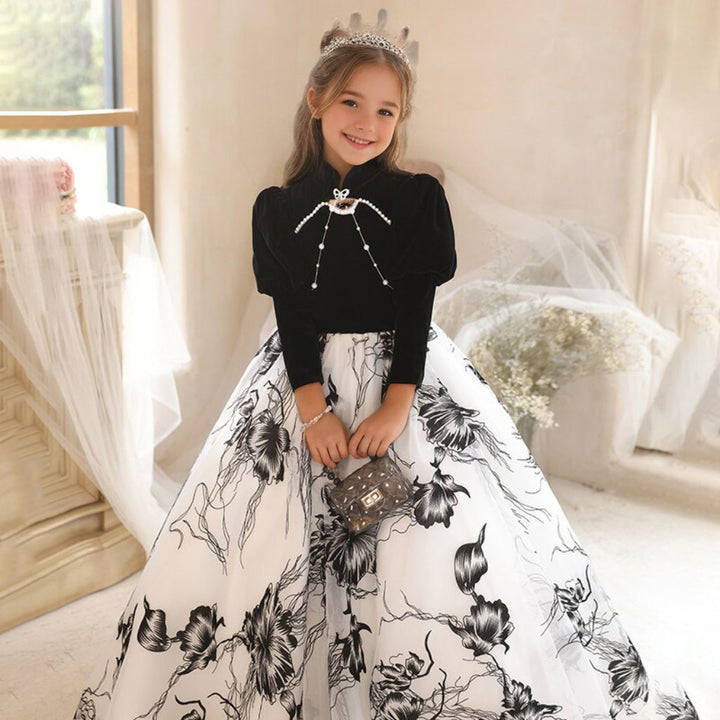 High Neck Long Sleeves A-Line/Princess Floor Length Girl Party Dress with Beadings