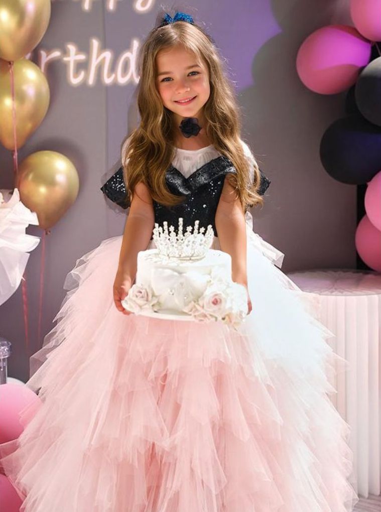 Off-the-Should Floor Length A-Line/Princess Girl Party Dress with Ruffles Tulle