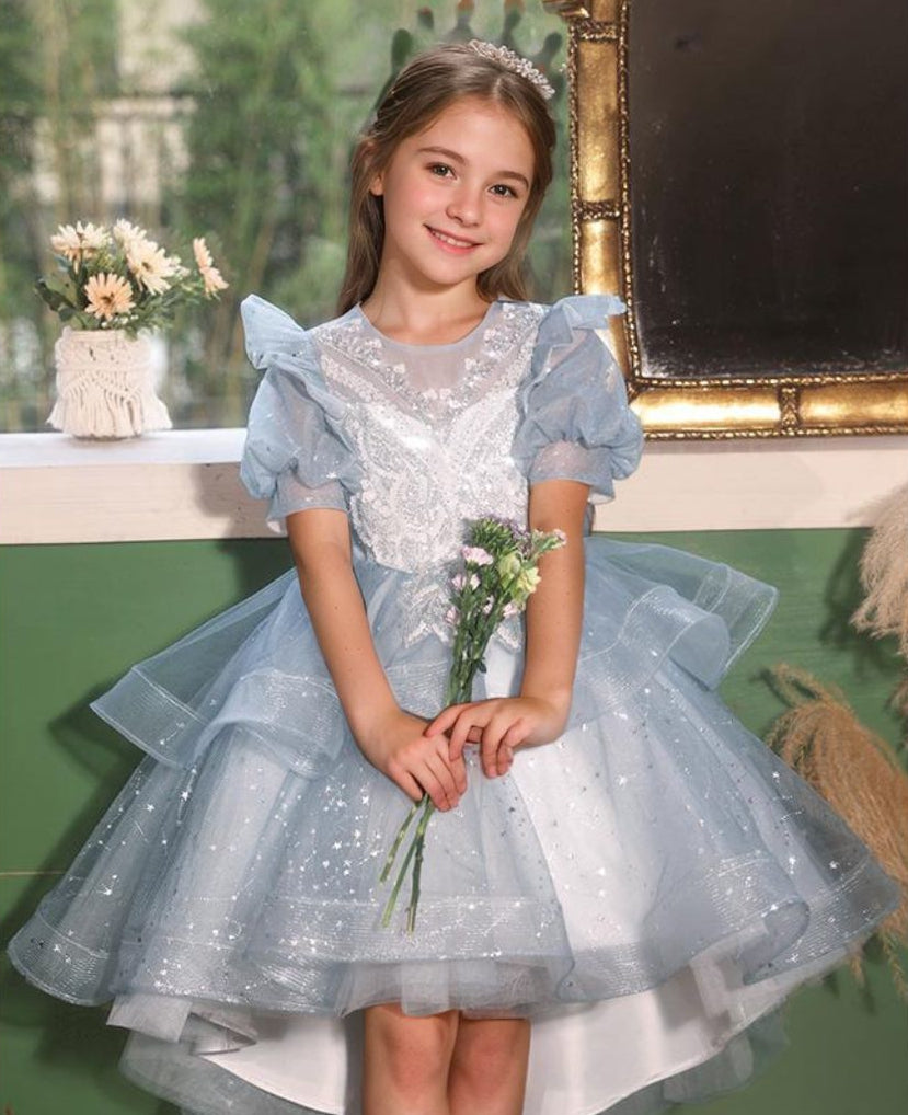 Short Sleeves High Low Round Neck Flower Girl Party Dress with Rhinestone Appliques