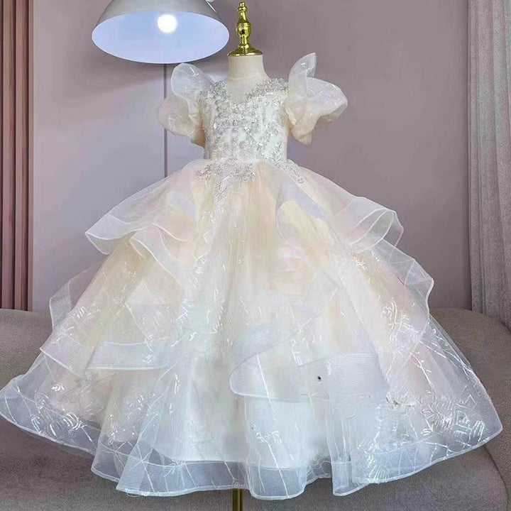 Short Sleeves A-Line/Princess Flower Girl Party Dress with Rhinestone Appliques