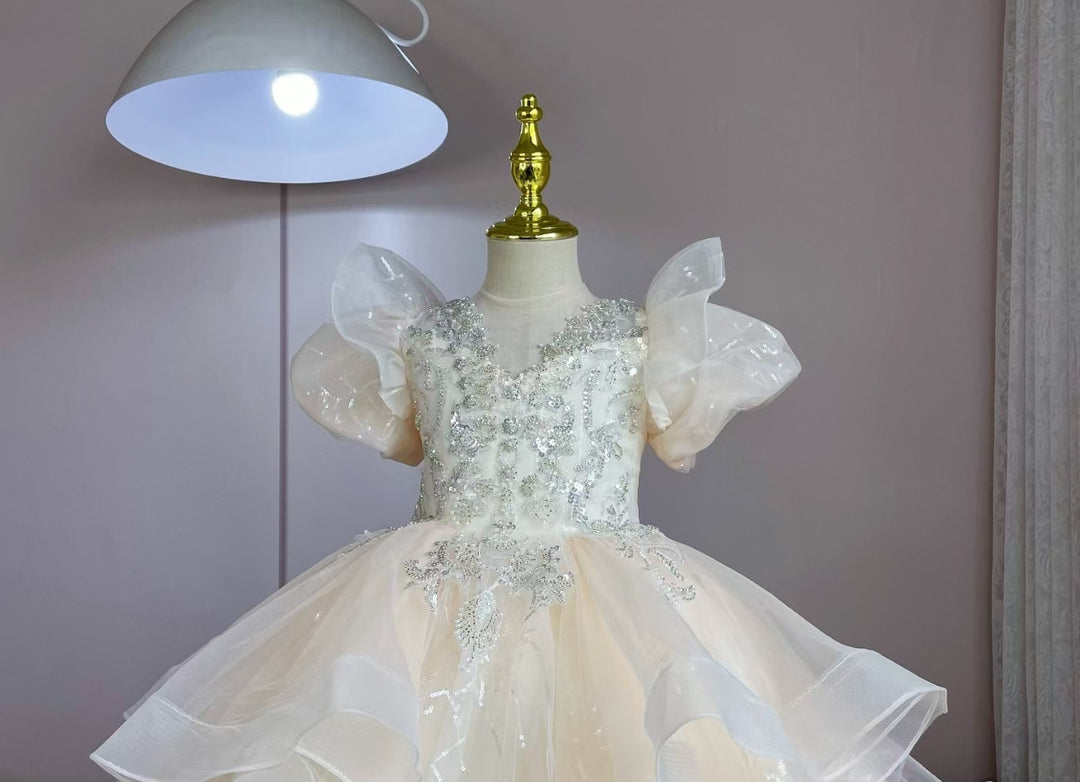 Short Sleeves A-Line/Princess Flower Girl Party Dress with Rhinestone Appliques