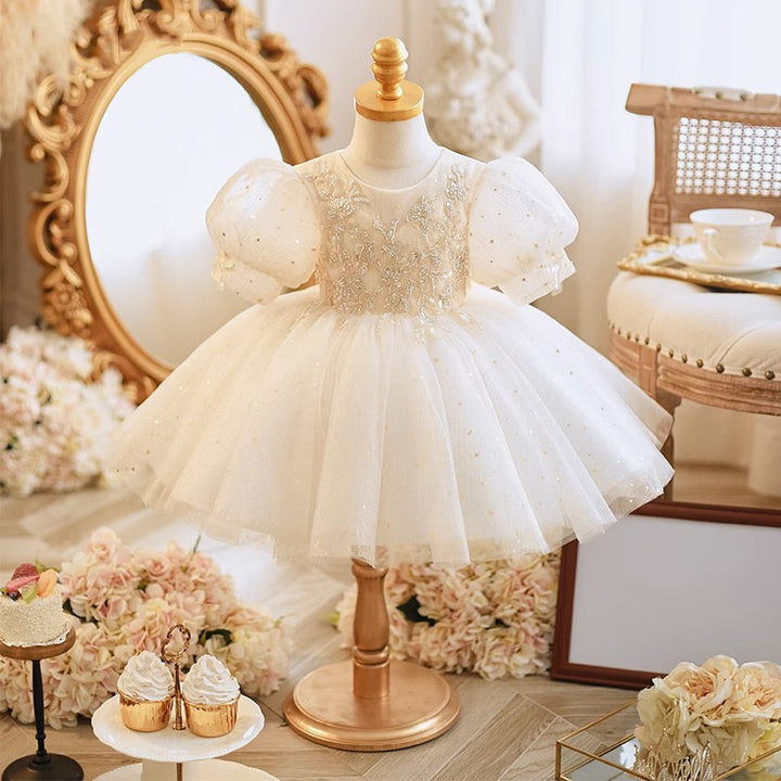 Short Sleeves A-Line/Princess Lace Baby Girl Dresses with Rhinestone Appliques