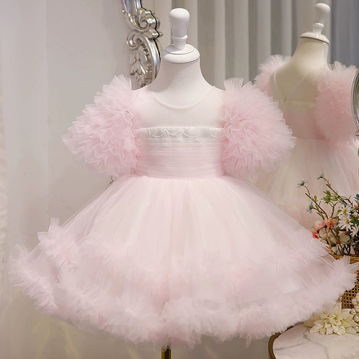 Knee Length Ruffled Tulle Short Sleeves A-Line/Princess Baby Girl Party Dress