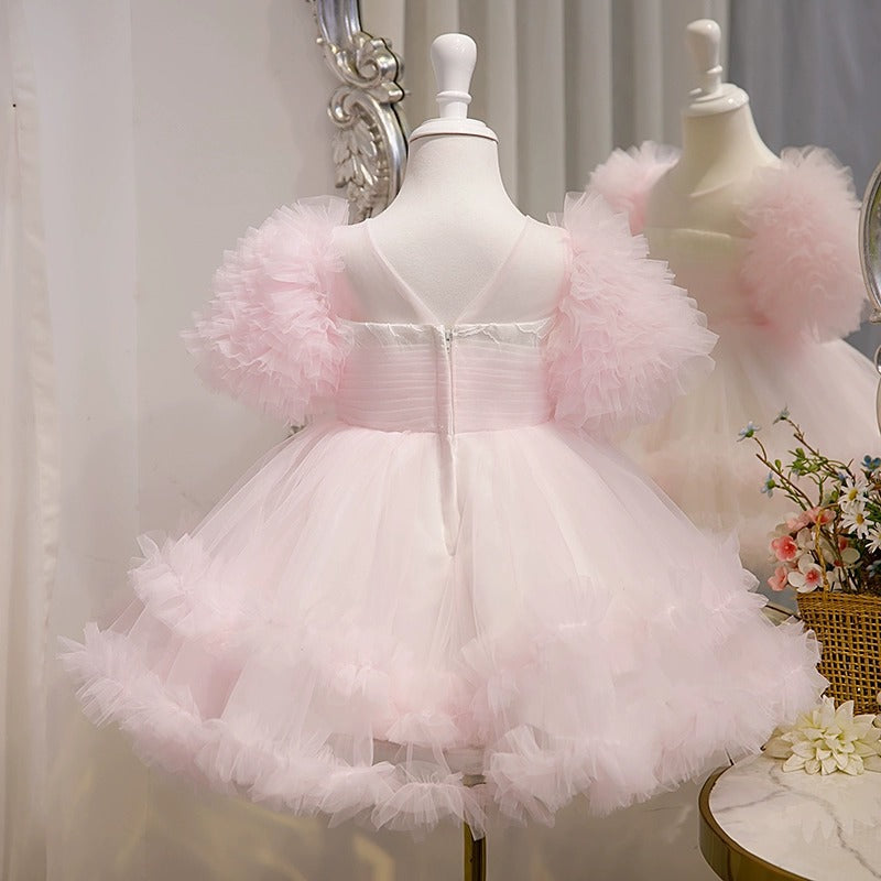 Knee Length Ruffled Tulle Short Sleeves A-Line/Princess Baby Girl Party Dress