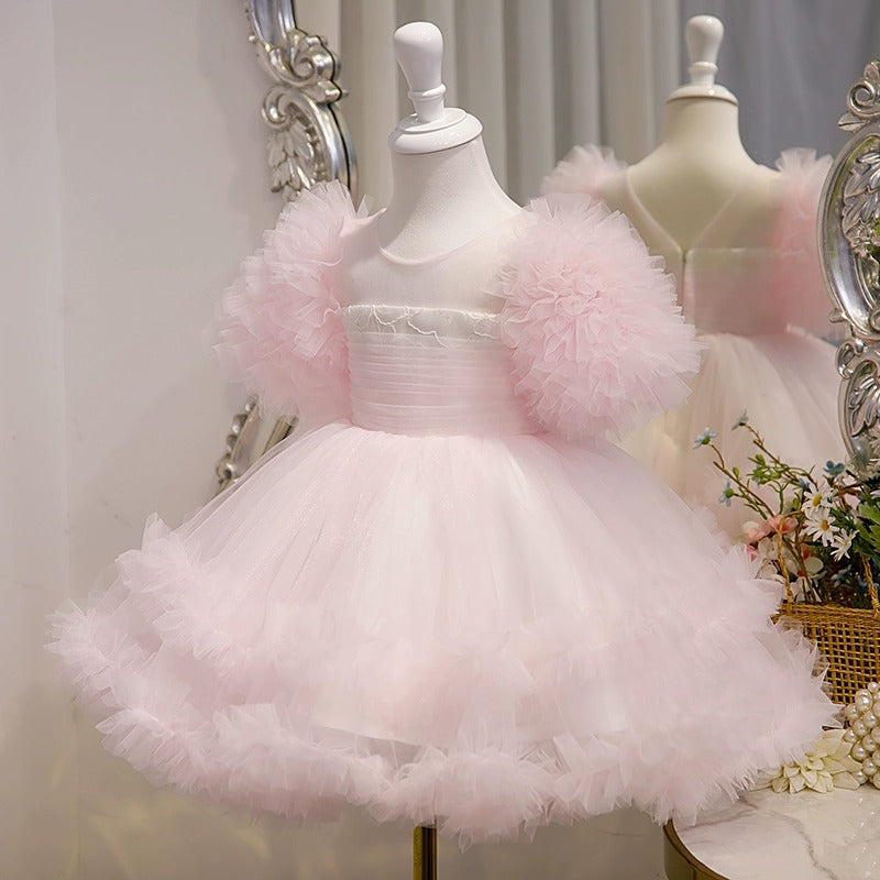 Knee Length Ruffled Tulle Short Sleeves A-Line/Princess Baby Girl Party Dress