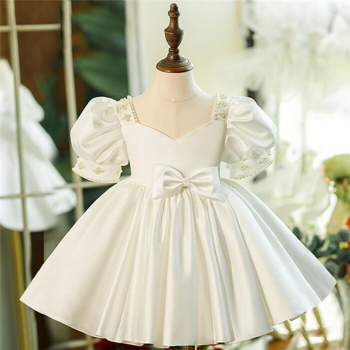 Beaded Short Sleeves Knee Length Square Neck Baby Flower Girl Dress wi - Mondressy Beaded Short Sleeves Knee Length Square Neck Baby Flower Girl Dress wi - Mondressy