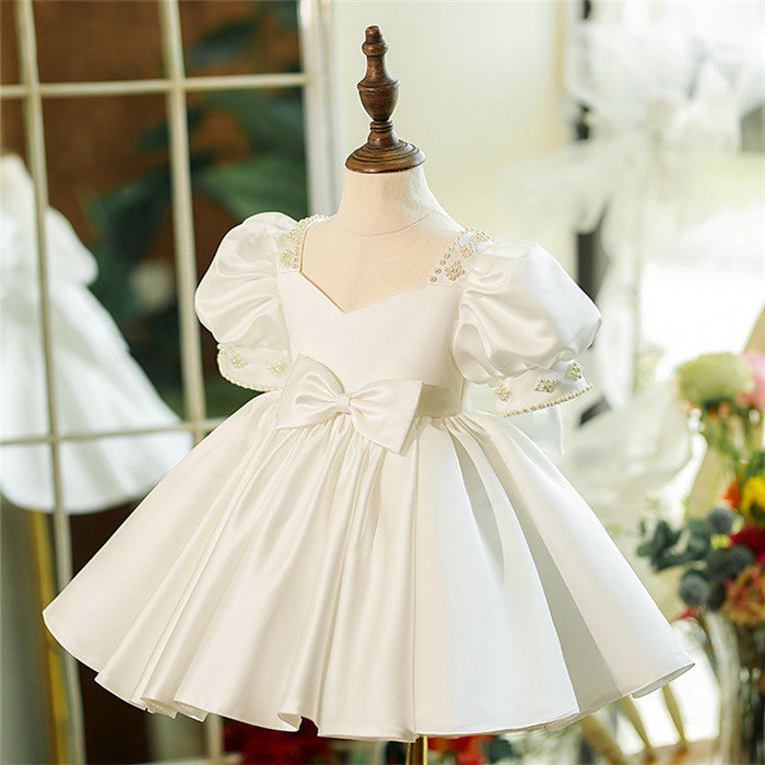 Beaded Short Sleeves Knee Length Square Neck Baby Flower Girl Dress with Bow