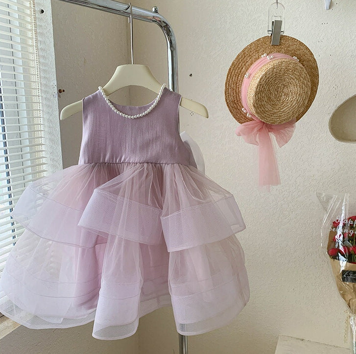 Sleeveless Round Neck Tea Length Princess Baby Girl Party Dress with Bowknot