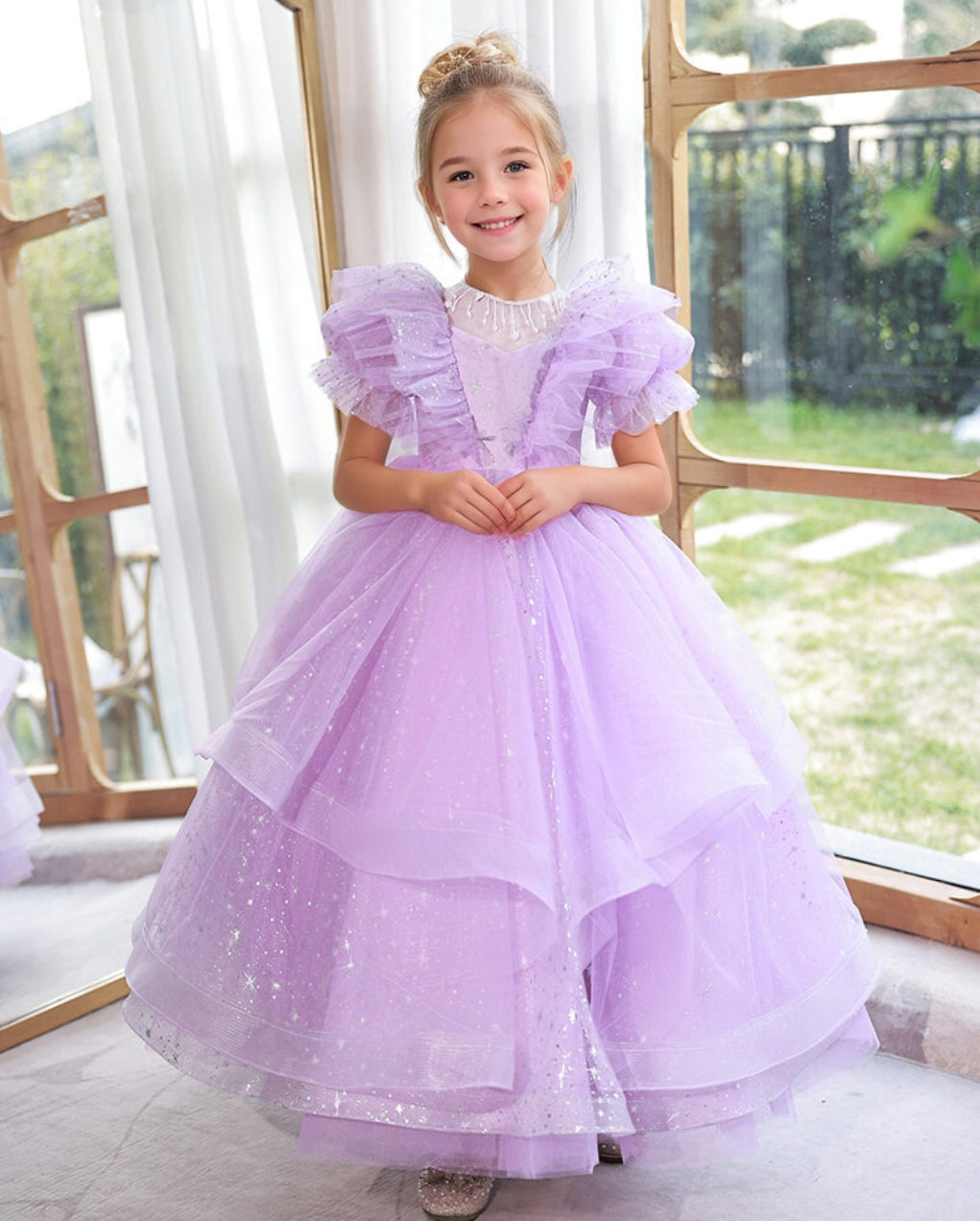 Ruffled Short Sleeves Floor Length Layered Girl Party Dresses with Beading Round Neck