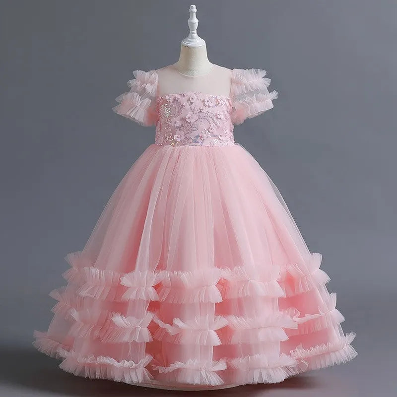 Ball Gown Short Sleeves Ruffled Girl Party Dresses with Beading Flower Appliques