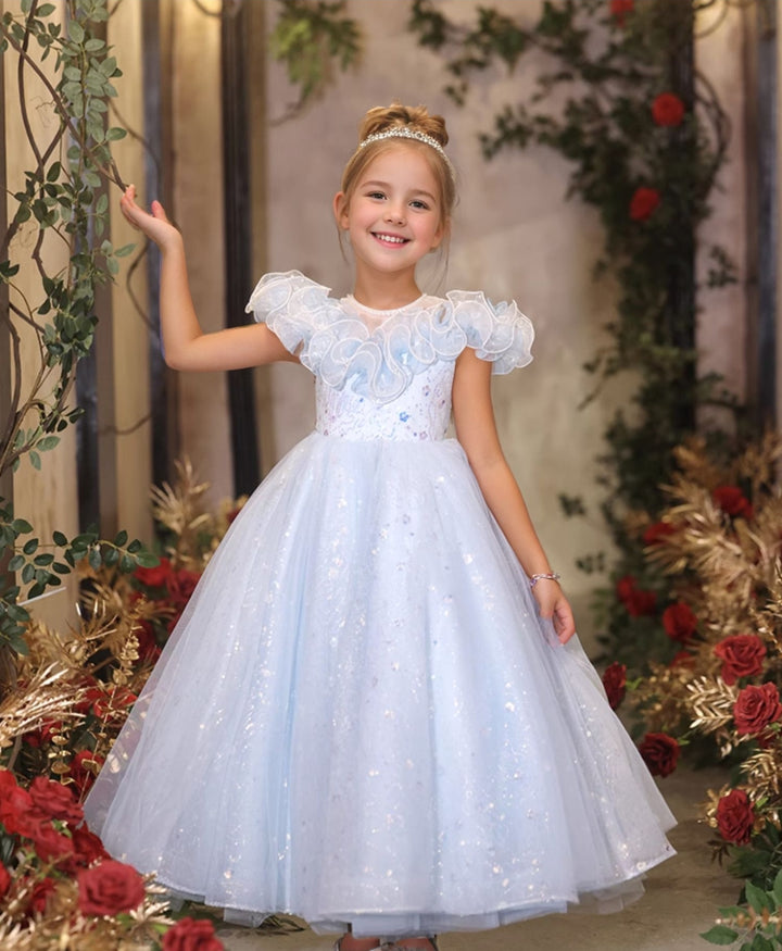 A-Line/Princess Short Sleeves Ruffled Flower Girl Party Dresses with Rhinestones