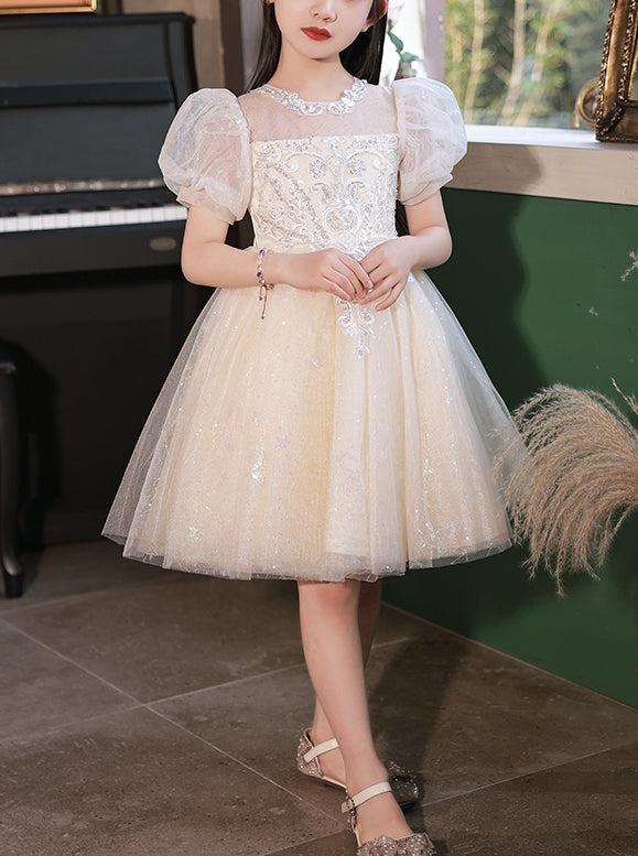 A-Line/Princess Short Sleeves Knee Length Lace Flower Girl Dress with Appliques