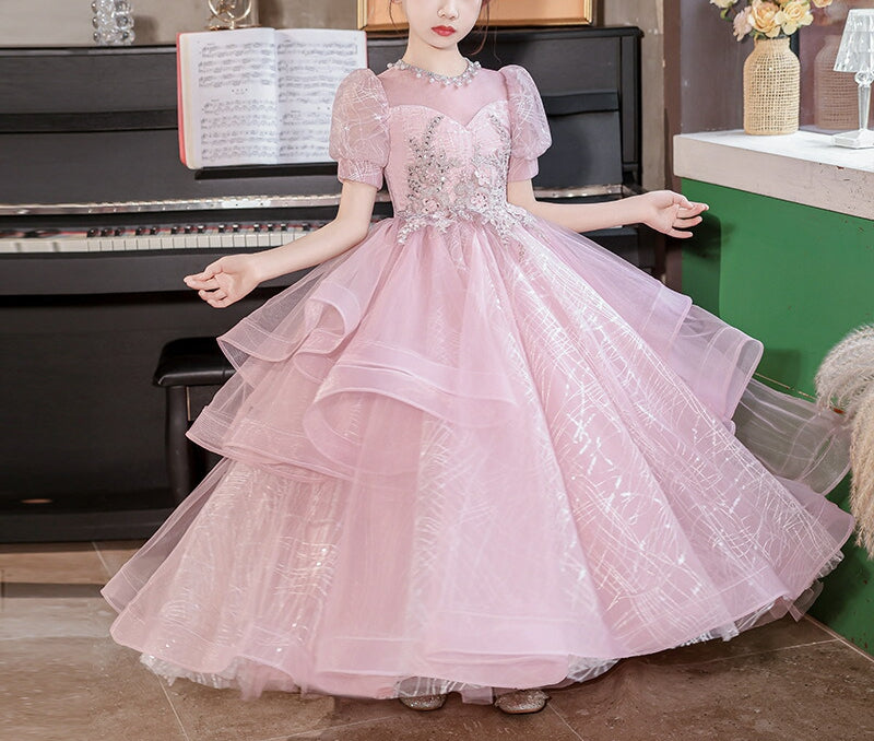 Short Sleeves Floor Length Princess Girl Party Dress with Rhinestones Appliques