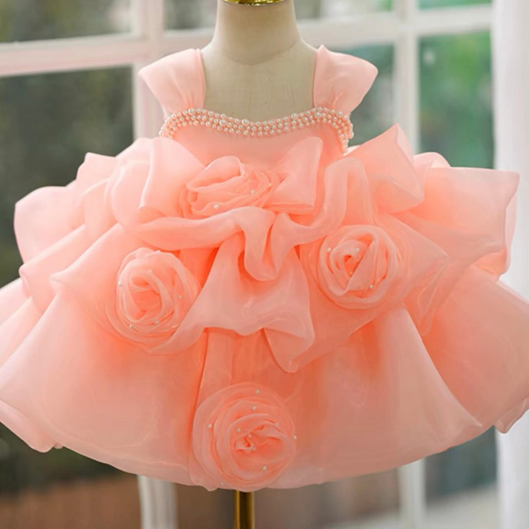 Ball Gown Sleeveless Knee-Length Baby Girl Party Dress with Ruched Flowers, Dusty Pink