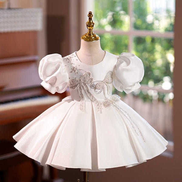 A-Line/Princess Short Sleeves Knee-Length Baby Beaded Flower Girl Dress with Bow