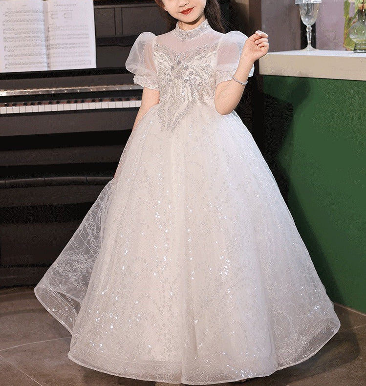 A-Line/princess Short Sleeves High Neck Flower Girl Lace Dress with Crystal Appliques