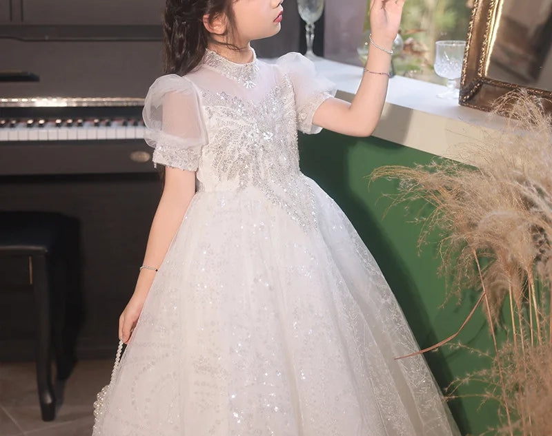 A-Line/princess Short Sleeves High Neck Flower Girl Lace Dress with Crystal Appliques