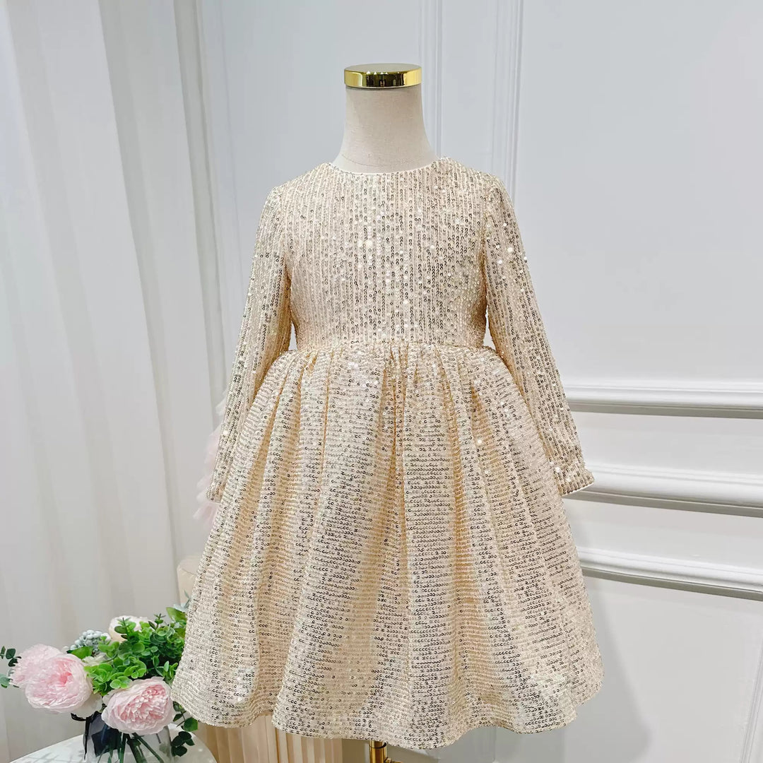 Round Neck Long Sleeves Floor Length Sequins Flower Girl Party Dress with Sash