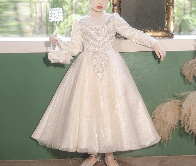 long sleeve flower girl dresses lace and tulle Ball Gown Round Neck Long Sleeves Flower Girl Dresses with Rhinestone Appliques