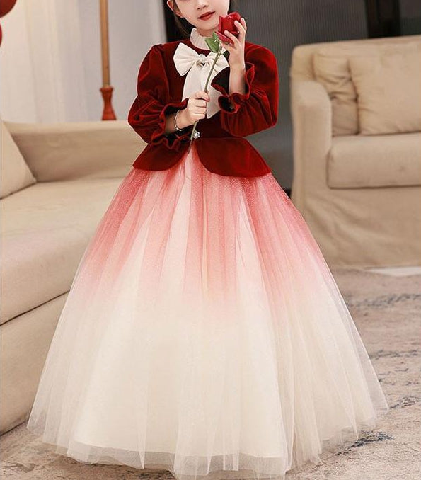 long sleeve flower girl dress pink A-Line/Princess High Neck Long Sleeves Flower Girl Dresses with Bowknot