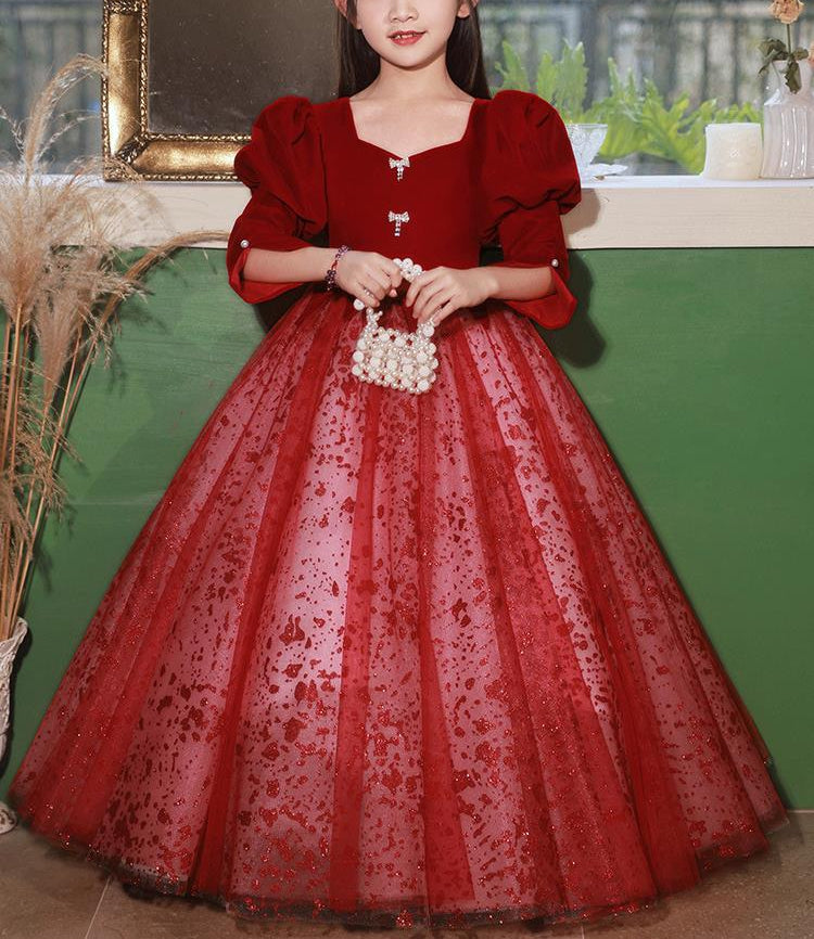 A-Line/Princess V-Neck Long Sleeves Floor Length Girl Red Party Dress - Mondressy A-Line/Princess V-Neck Long Sleeves Floor Length Girl Red Party Dress - Mondressy