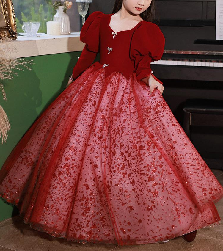A-Line/Princess V-Neck Long Sleeves Floor Length Girl Red Party Dress A-Line/Princess V-Neck Long Sleeves Floor Length Girl Red Party Dress
