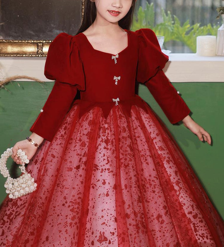 A-Line/Princess V-Neck Long Sleeves Floor Length Girl Red Party Dress A-Line/Princess V-Neck Long Sleeves Floor Length Girl Red Party Dress
