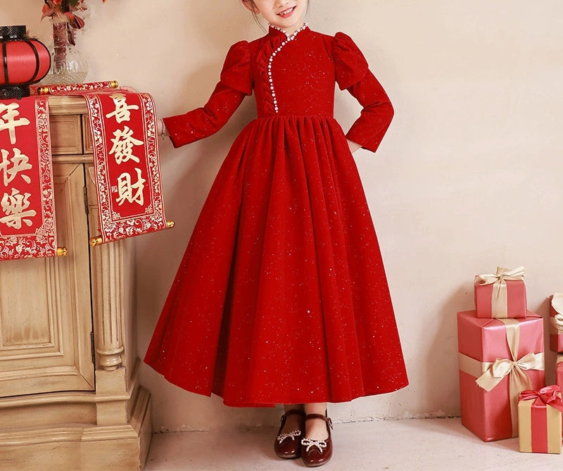 redgirl dress Beaded High Neck Long Sleeves Floor Length Red Girl Party Dress