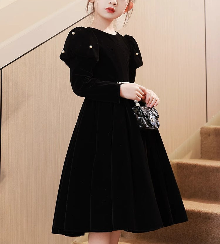 Tea-Length Round Neck Long Sleeves Black Girl Party Dress with Beading Sash Tea-Length Round Neck Long Sleeves Black Girl Party Dress with Beading Sash