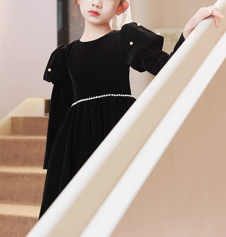 Tea-Length Round Neck Long Sleeves Black Girl Party Dress with Beading Sash Tea-Length Round Neck Long Sleeves Black Girl Party Dress with Beading Sash