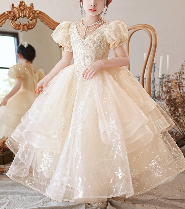Ball Gown Beading Round Neck Short Sleeves Flower Girl Lace Dress with Rhinestones Ball Gown Beading Round Neck Short Sleeves Flower Girl Lace Dress with Rhinestones