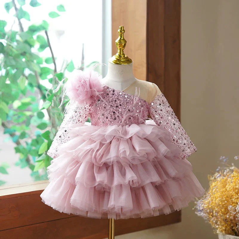 Ball Gown Long Sleeves Knee-Length Layered Baby Girl Party Dress with Flower & Feathers, Mauve Ball Gown Long Sleeves Knee-Length Layered Baby Girl Party Dress with Flower & Feathers, Mauve