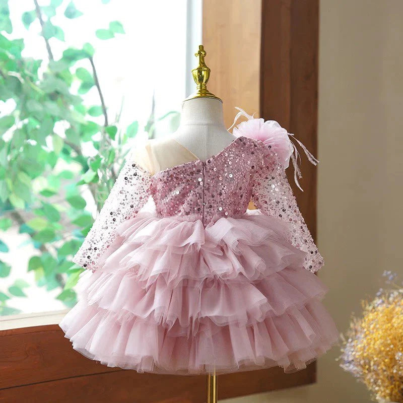 Ball Gown Long Sleeves Knee-Length Layered Baby Girl Party Dress with Flower & Feathers