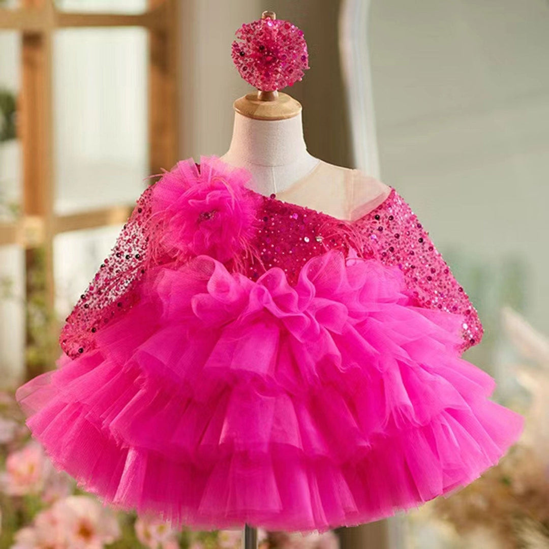 Ball Gown Long Sleeves Knee-Length Layered Baby Girl Party Dress with Flower & Feathers