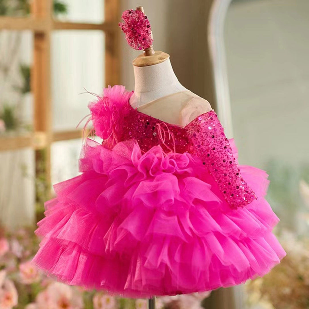 Ball Gown Long Sleeves Knee-Length Layered Baby Girl Party Dress with Flower & Feathers