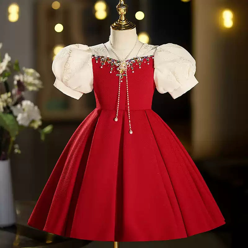 Short Sleeves Tea-Length Red Girl Party Dresses with Rhinestones Short Sleeves Tea-Length Red Girl Party Dresses with Rhinestones