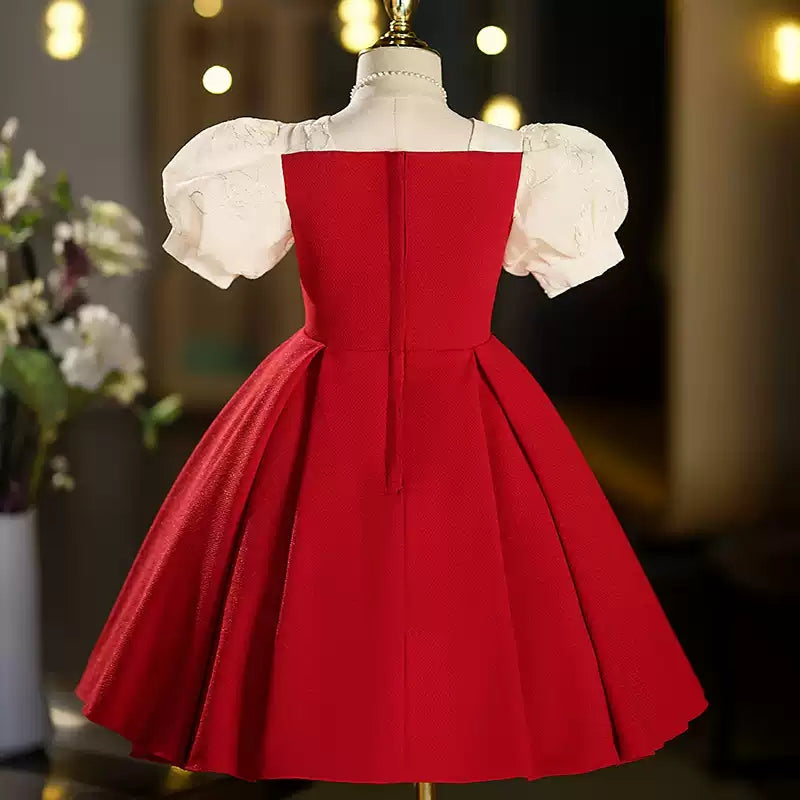 Short Sleeves Tea-Length Red Girl Party Dresses with Rhinestones