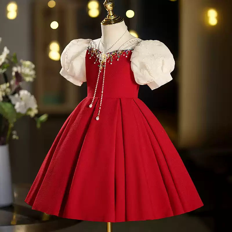 Short Sleeves Tea-Length Red Girl Party Dresses with Rhinestones Short Sleeves Tea-Length Red Girl Party Dresses with Rhinestones