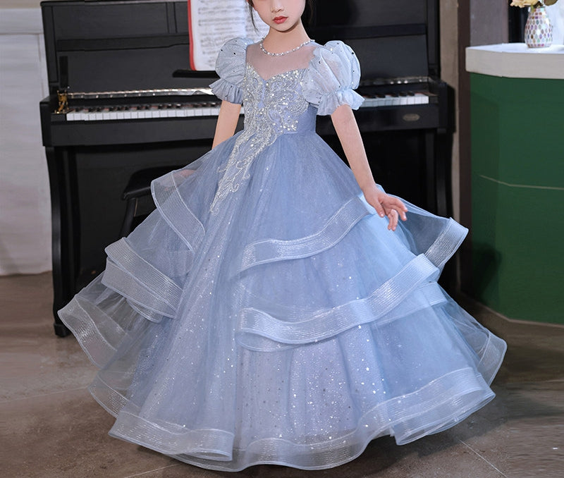 Ball Gown Short Sleeves Flower Girl Party Dresses with Rhinestone Appliques