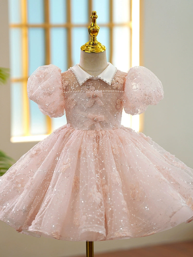 A-Line/Princess Short Sleeves Knee-Length Girl Lace Party Dress with B