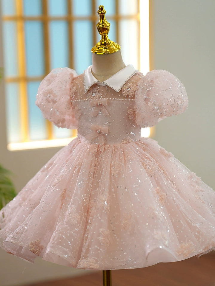 A-Line/Princess Short Sleeves Knee-Length Girl Lace Party Dress with Bows