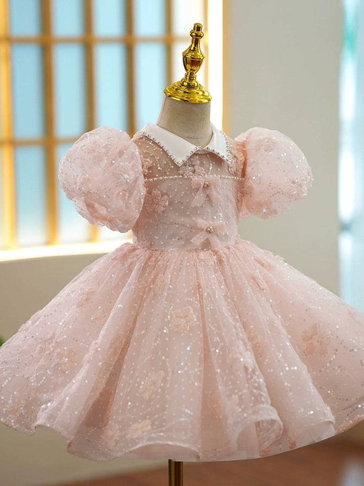 A-Line/Princess Short Sleeves Knee-Length Girl Lace Party Dress with Bows