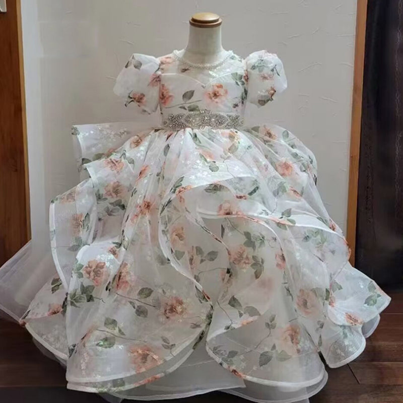 Ball Gown Short Sleeves Floor Length Flower Girl Party Dress with Rhinestone Sash